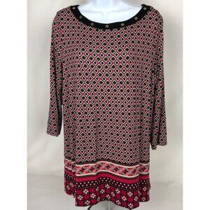 Dana Buchman Top Women Size L Large Diamond Pattern Studded Neckline Red Black